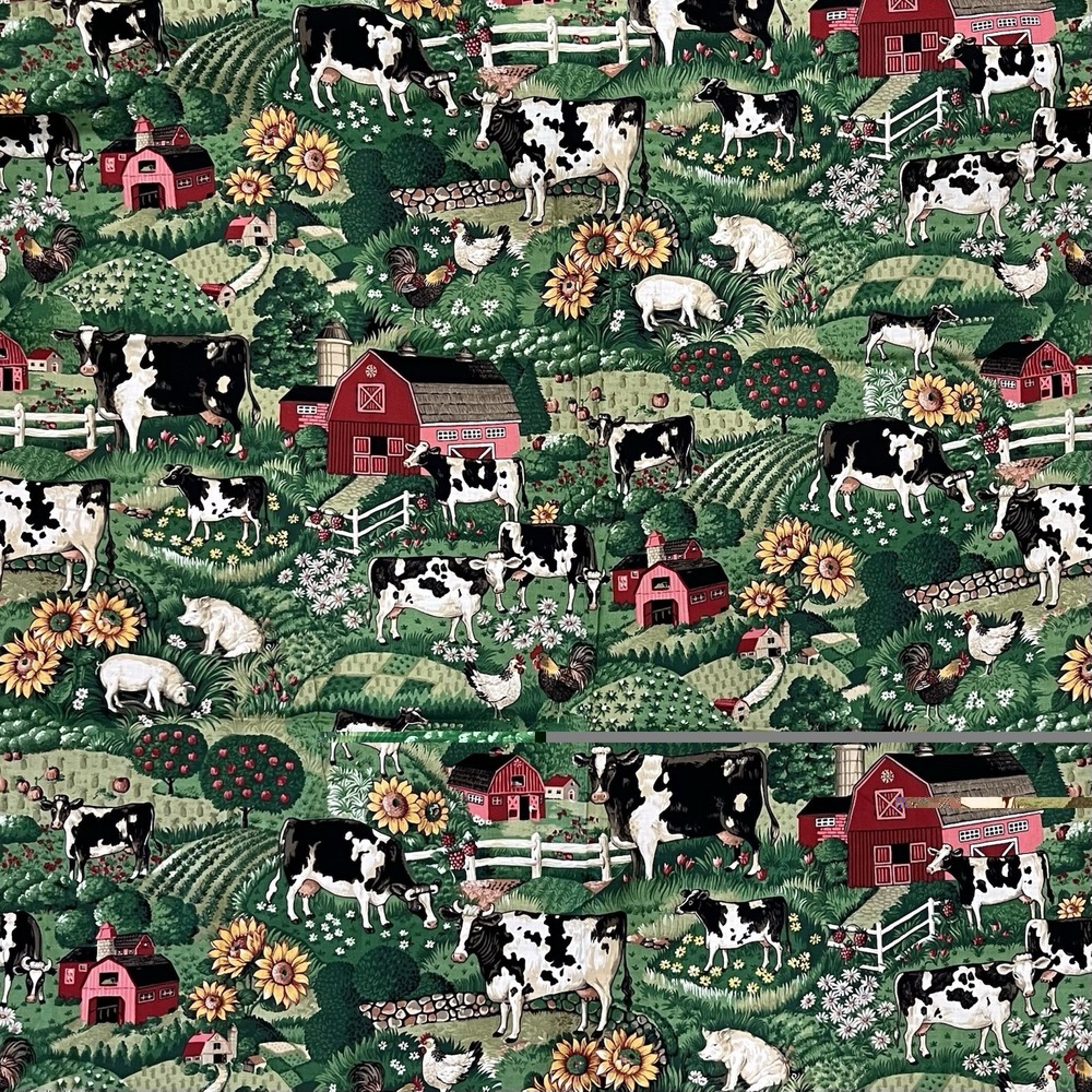 Vintage Joan Kessler for Concord Farm Cows Sunflowers Barn Cotton Fabric